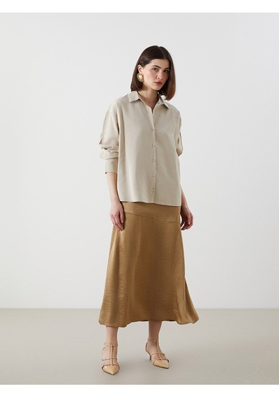 Lcw Vision Bej Oversize Saten Kadın Gömlek