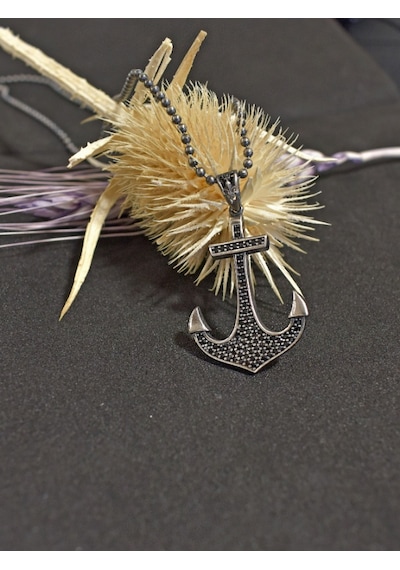 Brezza Lusso Jewelry Siyah Taşlı Çapa Model Erkek Gümüş Kolye Gümüş