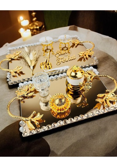 Amour Gold Lüks Swarovski Söz Nişan Tepsisi Siyah Siyah