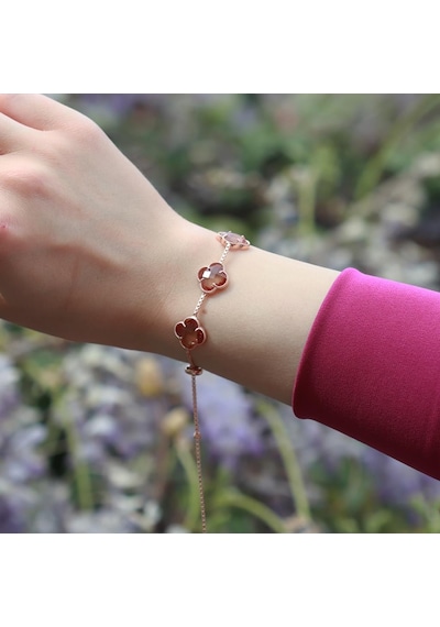 3 İkonik Alhambra Yonca Zultanit Taşlı Rose Gold Kaplama Asansörlü Bileklik Gümüş