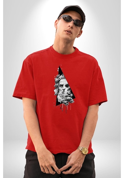 Poseidon Felsefe Pamuklu Bisiklet Yaka Unisex Oversize Boyfriend Dijital Baskılı Kırmızı T-shirt Kırmızı