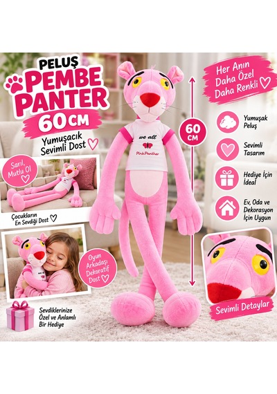 Peluş Pembe Panter 60 Cm Uzun Bacaklı Yumuşak Sevimli Oyuncak Dekoratif Hediye