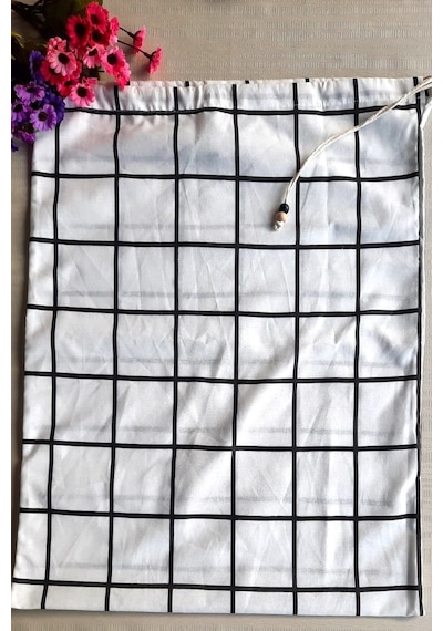 Kareli Ekmeklik - 50x40 Keten Kareli İp Büzgülü Ekmeklik - Ekmek Beyaz