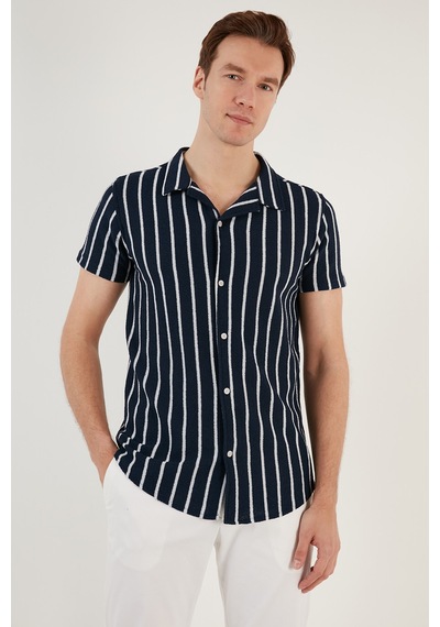 Buratti Çizgili Pamuk Karışımlı Kısa Kollu Apaş Yaka Regular Fit Erkek Gömlek Cf24S117664 Lacivert