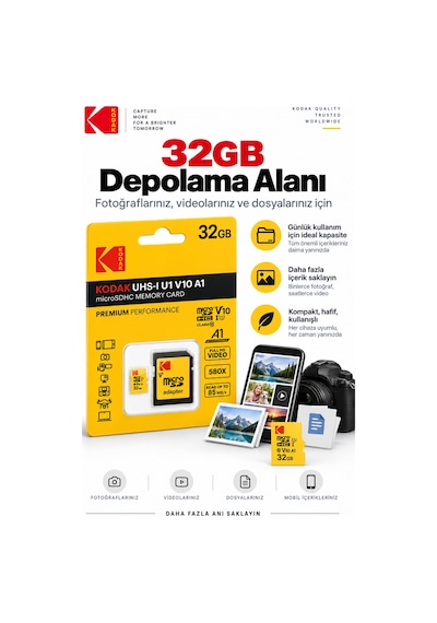 32gb Microsdhc Hafıza Kartı Uhs-ı U1 V10 A1 Class 10 85 Mb/s Full Hd Destekli Sd Adaptörlü