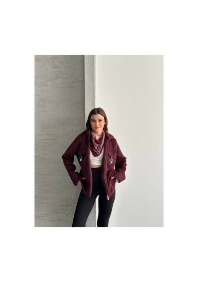 Asur Boutique Asur Butik Kadın Keçeli Kumaş Tokalı Fermuarlı Ceket Bordo