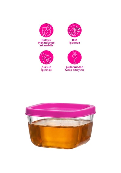 Lav Cube Cam Saklama Kabı 4'lü Küçük Boy 270 ml Kare Pembe Plastik Kapaklı (Kahvaltılık )