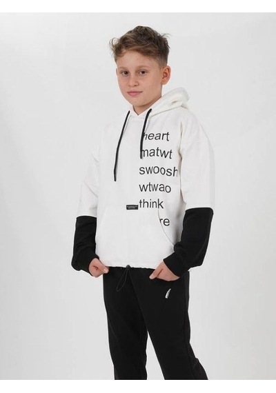 Zekids Çocuk Pamuklu Kapüşonlu Heart Mat Yazılı Sweatshirt-14830 Ekru