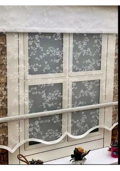 Çiçek Desen Çiftli Sistem Mekanizmalı Tül Ve Stor Perde Beyaz