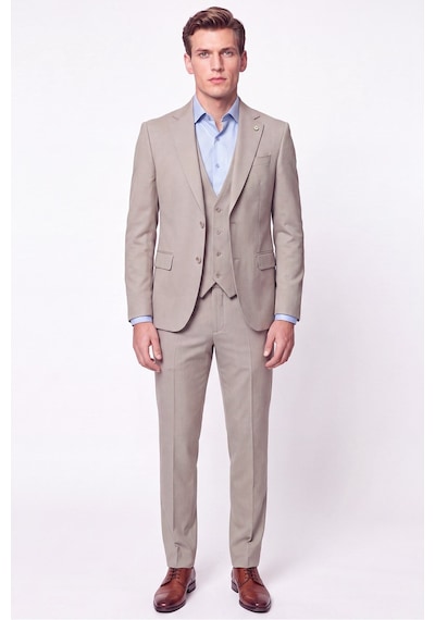 Efor Slim Fit Çift Yırtmaç %97 Yünlü Doku Desenli Esnek Bej Yelekli Takım Elbise Tk 927