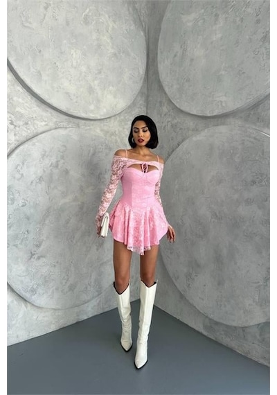 Dip Moda Kadın Bolero Detaylı Güpür Prenses Elbise Dpnbdf107 Pembe