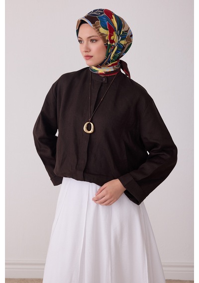 Belli Çiçek Desen %100 Twill İpek Eşarp Be13 Kahverengi