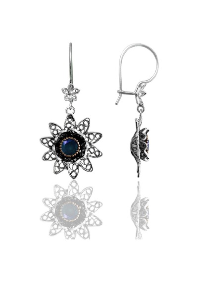 Gümüş Safir Taşlı Nilüfer Modeli Telkari İşlemeli Kolye Küpe Ve Yüzük Üçlü Set