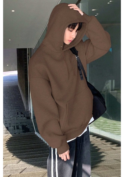 Genius Store Erkek Sweatshirt Kanguru Cepli İçi Polarlı 3 İplik Kapüşonlu Oversize Sweatshirt Kanguru-sweatshırt Kahverengi