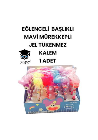 Eğlenceli Başlıklı İnce Uçlu Jel Tükenmez Kalem Mavi Mürekkep 2