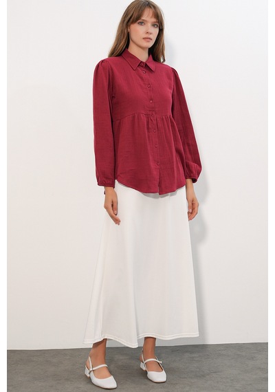 Bigdart Kadın Dokulu Oversize Keten Gömlek 20381 - Bordo