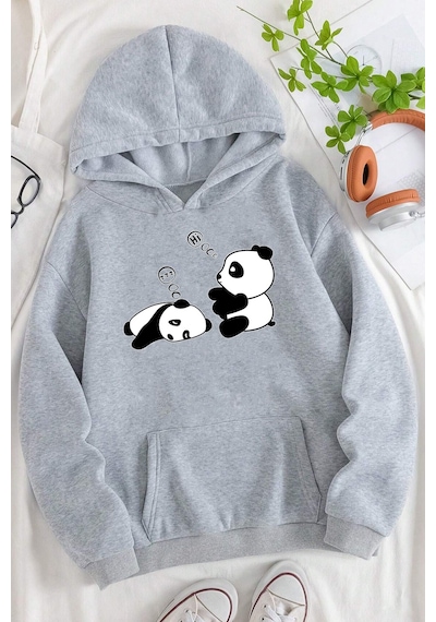 Unisex Panda Baskılı Oversize Sweatshirt Gri