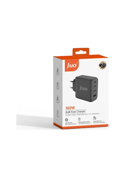 Juo 100W 4 Portlu USB-C + USB-A GaN Şarj Aleti iPhone & Apple Uyumlu MacBook & Notebook PD Type-C Hızlı Şarj Cihazı Siyah