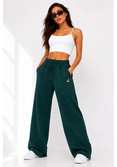 DefyModa Osy Modal Yumuşak Dokulu Cima Dikişli Nakışlı Cepli Oversize Bol Paça Eşofman Altı - Yeşil
