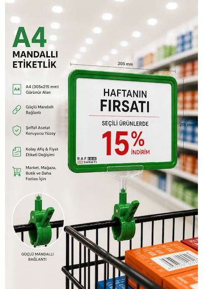 A4 Mandallı Fiyatlık Etiketlik Sepet Raf Askılık Fiyat Etiketi Çerçeveli Market Mağaza Yeşil
