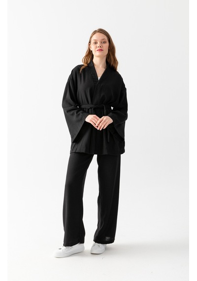 Zen Elegance Kadın Kimono Takım - Geniş Paça Keten Dokulu Alt Üst Yazlık Kadın Takım Siyah Zen Elegance Kadın Kimono Takım - Geniş Paça Keten Dokulu Alt Üst Yazlık Kadın Takım Siyah