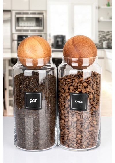 2'li Ahşap Top Kapaklı Çay Ve Kahve Kavanozu Saklama Kabı Cam 1400 Ml Şeffaf