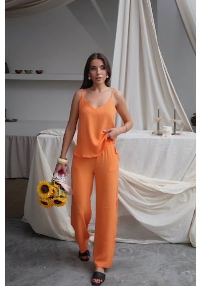 Paw Garage Kadın Shay Ayrobin Ip Askılı Bluz Bol Paça Pantolon Takım, Yaz Yeni Sezon Turuncu Paw Garage Kadın Shay Ayrobin Ip Askılı Bluz Bol Paça Pantolon Takım, Yaz Yeni Sezon Turuncu