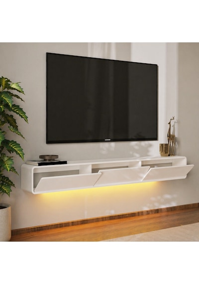 İnarch Dizayn Alba Led Işıklı Duvara Monte Tv Sehpası - 3 Kapaklı Tasarım Beyaz