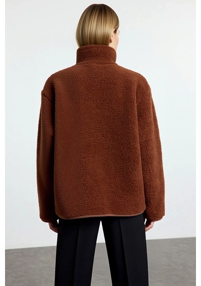 Benerly Kadın Dik Yaka Düşük Kol Tam Fermuarlı Peluş Sweatshirt Fonksiyon Kahverengi