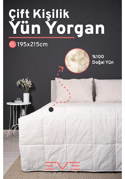 %100 Merinos Kuzu Yünlü Pamuklu Antialerjik Çift Kişilik Yorgan 195x215 Cm Beyaz