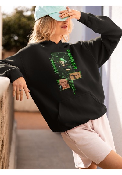 Sevbano Zoro Roronoa Baskılı Unisex Oversize One Piece Anime Hoodie Siyah