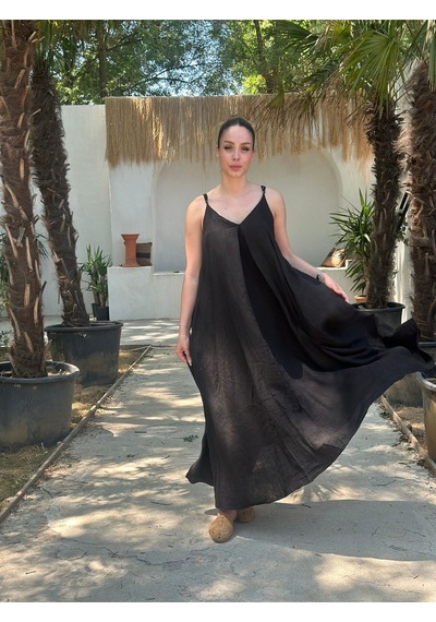 Yazlık Keten Askılı Oversize Elbise Siyah