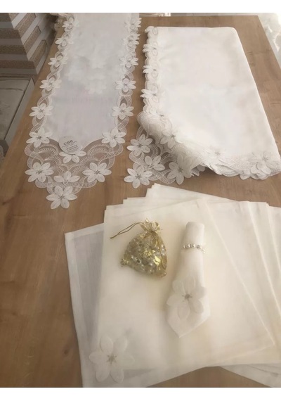 Sofra Takımı Evita Gardenya Keten Yemek Takımı 160x260 Masa Seti 26 Parça Runner Set Krem