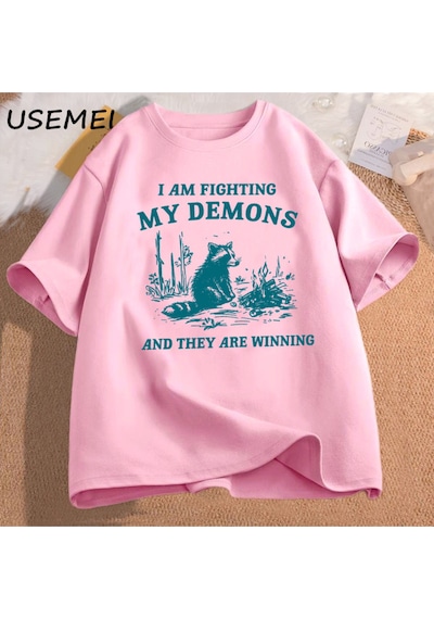 Flood Of Style Ben Benim Demons Rakun Meme T Shirt Mücadele Ediyorum Komik Grafik Baskılı Tişört Erkek Kadın Pembe