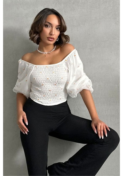 Verymoda Gipeli Papatya Desenli Bluz - F0988 Krem