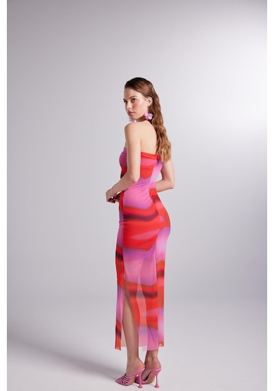 Holly Lolly Astarlı Desenli Straplez Tül Hued Elbise Pembe