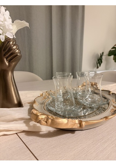 Oval Aynalı Kulplu Dekoratif Tepsi Vizon & Altın Varaklı 48x29 Cm