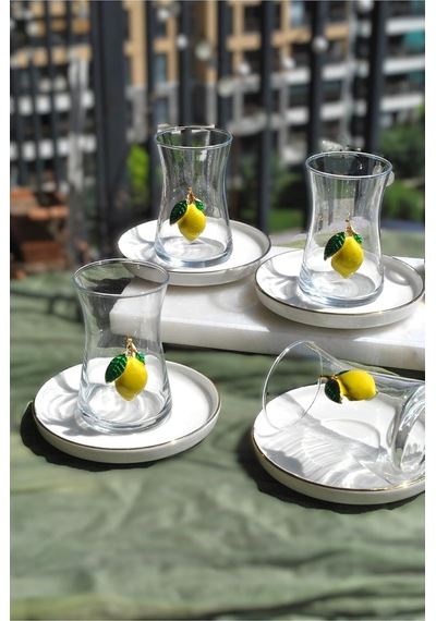 12 Parça Limonlu Çay Seti Limon Dekorlu Çay Bardağı Ve Gold Porselen Çay Tabağı Çok Renkli