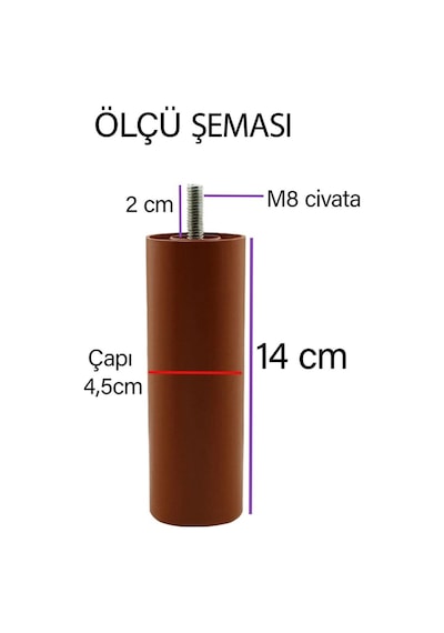 Silindir Destek Ayağı 14 Cm Kahverengi Gizli Ayak Mobilya Kanepe Baza Koltuk Dolap Sehpa Tv Ünitesi Ayağı