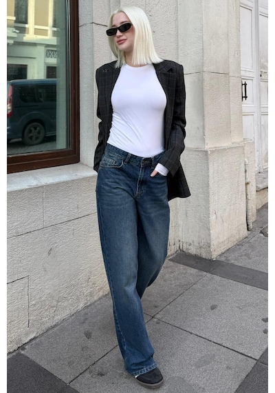 Mavi %100pamuklu Geniş Paça Kadın Wide Leg Jean Mg2623 Mavi