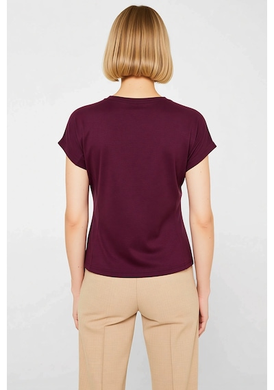 Benerly Kadın T Shirt Kayık Yaka Kısa Kol Relaxed Rahat Kalıp Büzgülü Düz Mürdüm