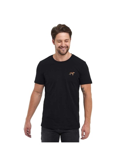 Siyah Erkek Kısa Kol Bisiklet Yaka Kaplan Nakışlı T-shirt Siyah