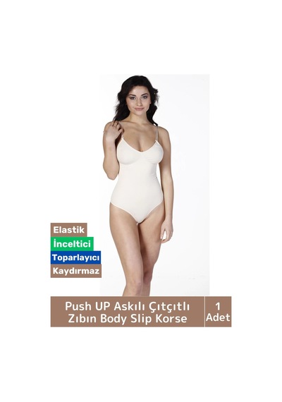 Özel Lazer Kesim İz Göstermez Toparlayıcı Askılı Çıtçıtlı Push Up Slip Body Zıbın Korse Ten