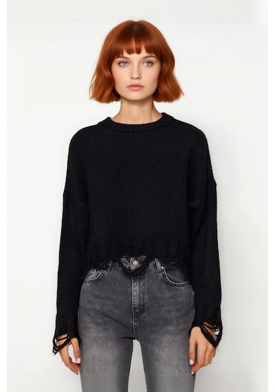 Ersefa Kadın Casual Crop Oversize Bisiklet Yaka Triko Kazak Düşük Kol Ak Siyah