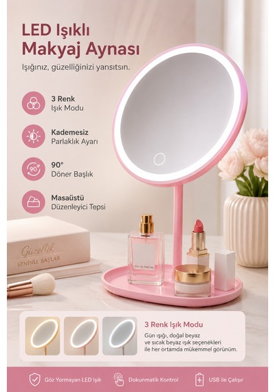 Dokunmatik Led Işıklı Yuvarlar Masaüstü Makyaj Aynası Pembe Renk -masa Lambası Makyaj Işığı Üç Farklı Renk - 909191557 Diğer
