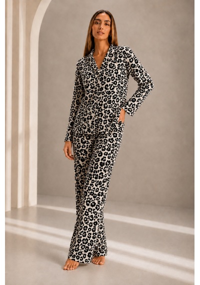 Fit Women Kadın Önden Düğmeli Uzun Kollu Alt Üst Leopar Pijama Takımı