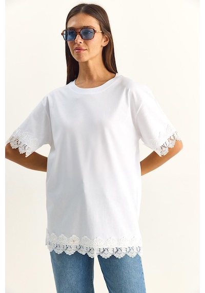 Shade Kadın Bisiklet Yaka Dantel Detaylı Oversize T-shirt 2134 60286120 - Beyaz