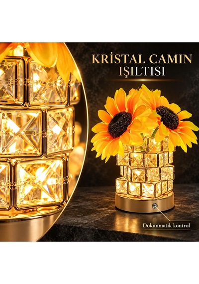 Valkyrie Kristal Cam Ayçiçekli Şarjlı Dekoratif Masa Lambası 4000 Mah Dokunmatik 3 Işık Modlu Sarı