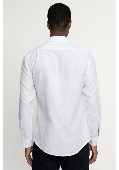 Tudors Slim Fit Uzun Kol Biyeli Yaka Düğmeli Keten Erkek Beyaz Gömlek-26921-beyaz Beyaz