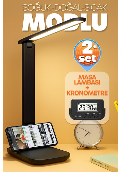 2li Set Şarjlı Masa Lambası + Kronometreli Öğrenci Saati Mod Ayarlı Ders Çalışma Okuma Lambası 7032s Siyah